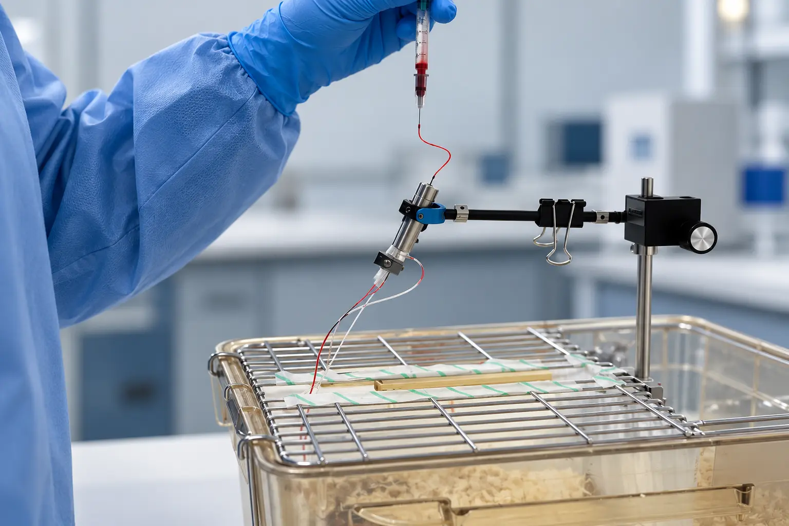 Illustrative view of the swivel and sampling lines used for conscious mouse glucose clamp studies